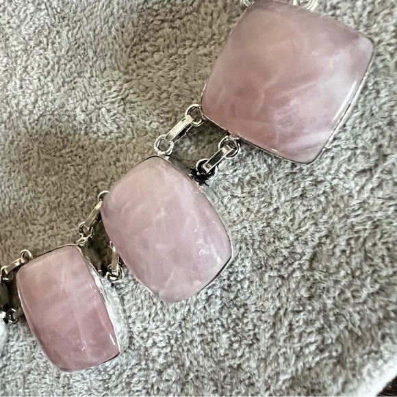 New Natural Rose Quartz Crystal Stone Silver Overlay Cluster Statement Necklace - Picture 6 of 11
